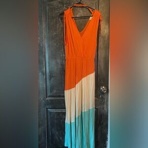 Cream, Orange, Blue tiered dress. Sleeveless and long. Super adorable for Summer